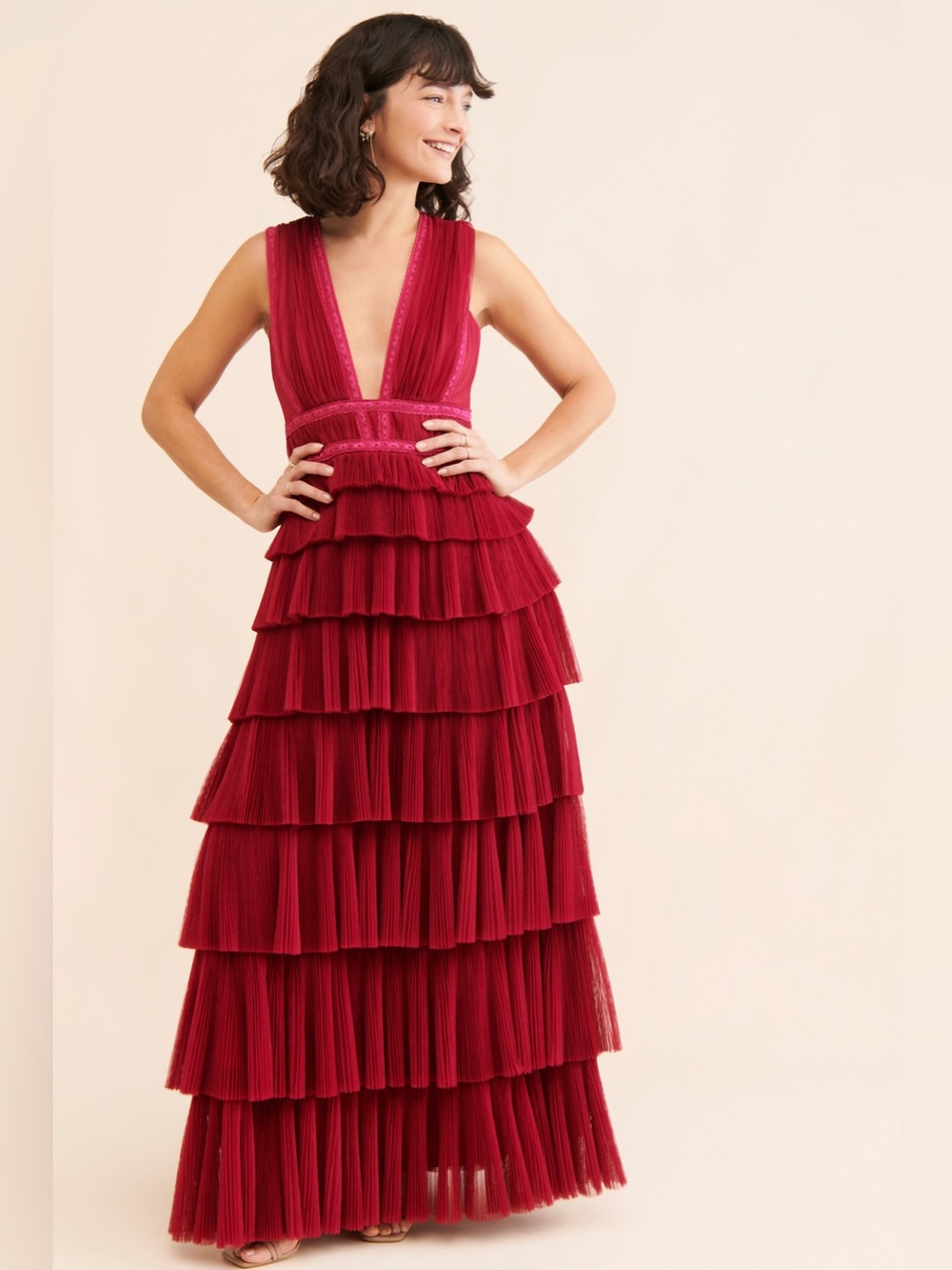 Anthropologie Hutch Charley Deep-V Pleated Tiered Maxi Dress in Raspberry Size 2